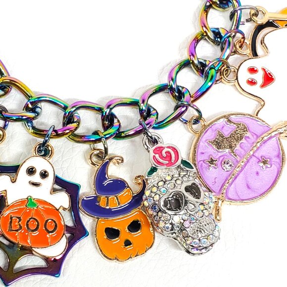 Halloween Charm Bracelet, Pumpkins, Ghost, Spider Webs, Cat - Picture 7 of 9